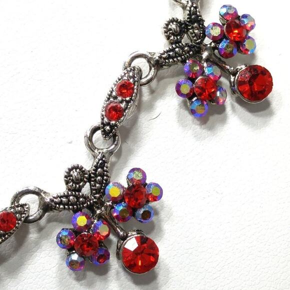 Vintage Cookie Lee Red Rhinestone Necklace, Aurora Borealis Rhinestones, 17 1/2" - Picture 5 of 11